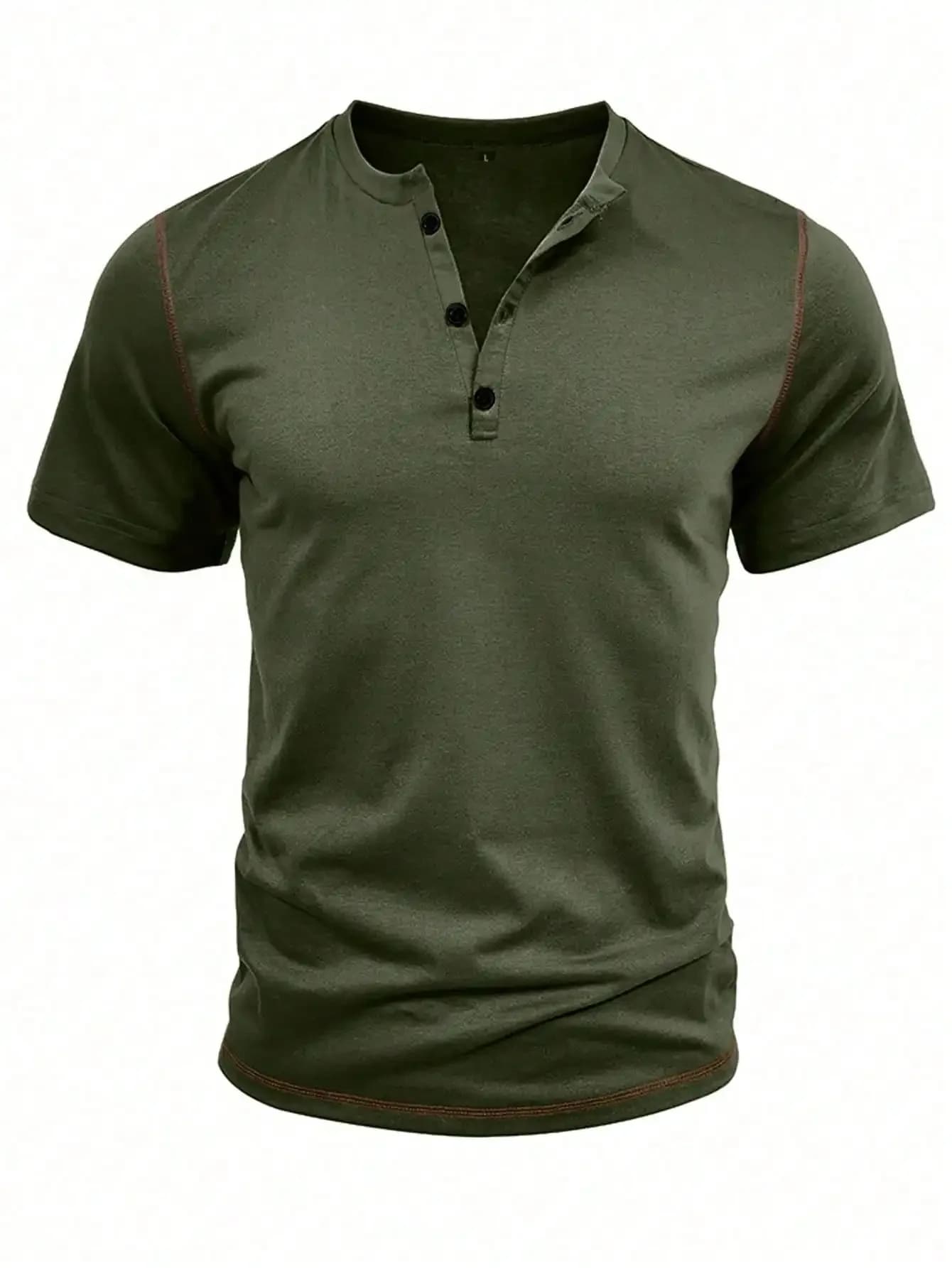 T-shirt da uomo in cotone con collo Henley a maniche corte, top casual per viaggi e campeggio