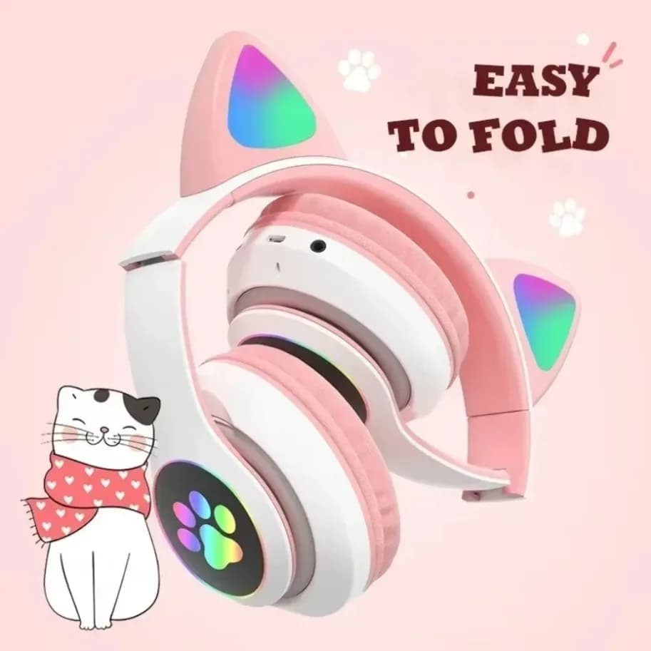 2025 Lampada flash Cuffie con orecchie di gatto carine Bluetooth5.0 Stereo con supporto per microfono Scheda TF Auricolare wireless per ragazza per bambini Regalo di compleanno