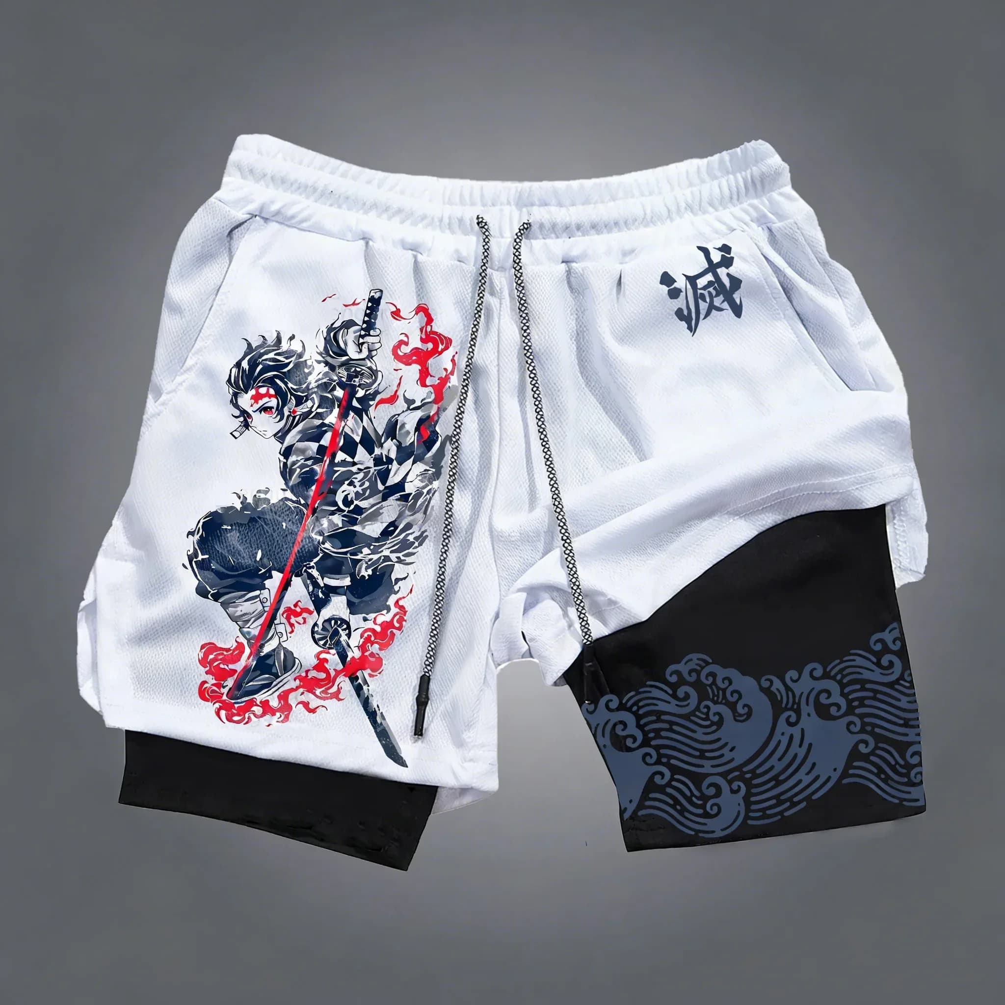 Men's Summer Shorts Demon Slayer, New 2-in-1 Sports Shorts with Tanjiro Anime Print, Breathable and Fast Drying for Swimming and Travel