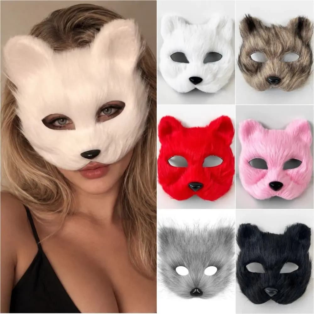 Personality Halloween Cosplay Faux Fur Fox Mask Half Face Fox Shape Animal Cat Mask Party Costume Half Face Eye Mask Party