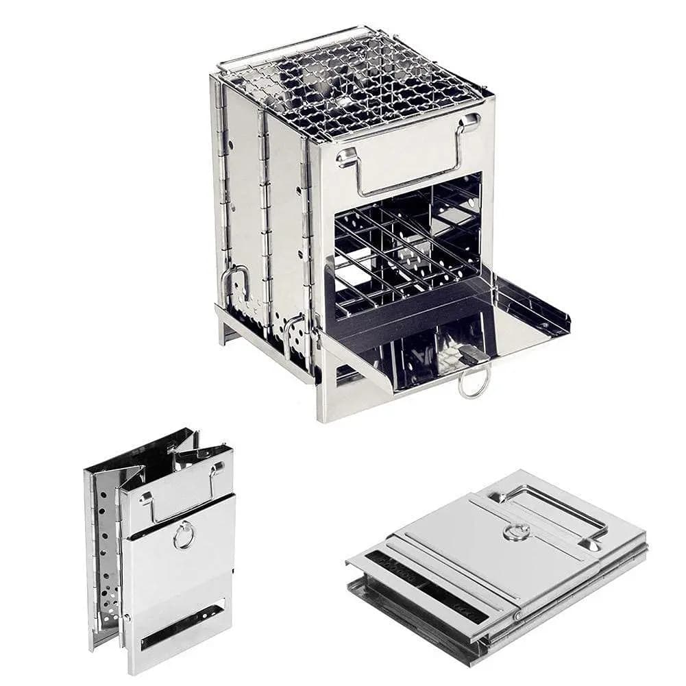 Camping wood stove with folding grill Backpacking Survival Rocket stainless steel field stove