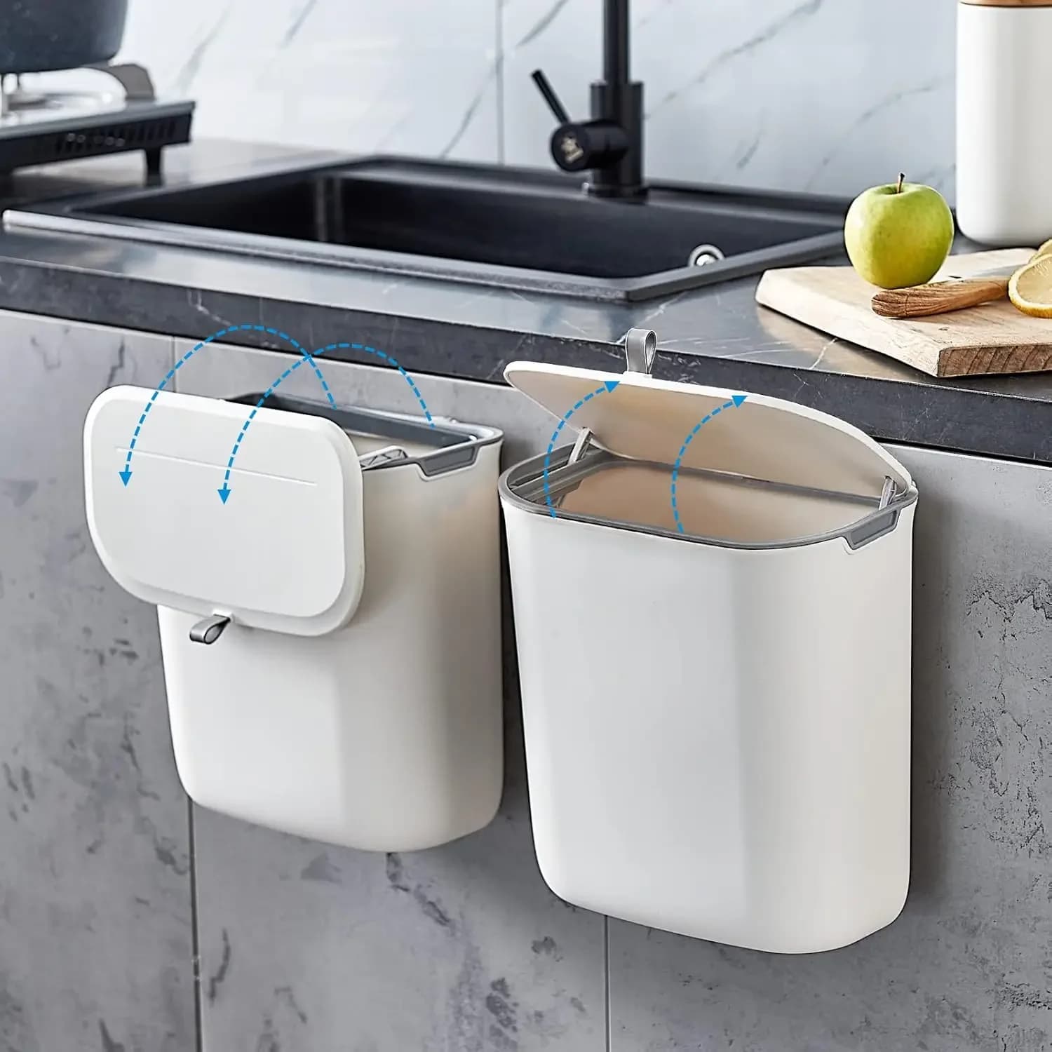 7L Hanging Trash Can with Lid Plastic Wall-Mounted Garbage Can Small Kitchen Trash Bin Kitchen Compost Bin for Under Sink