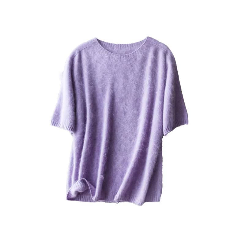 2026 Fall Winter Brushed Wool Cashmere Silk Blend Knit Top Women Crew Neck Short Sleeve Sweater Seamless Loose Layering Basic