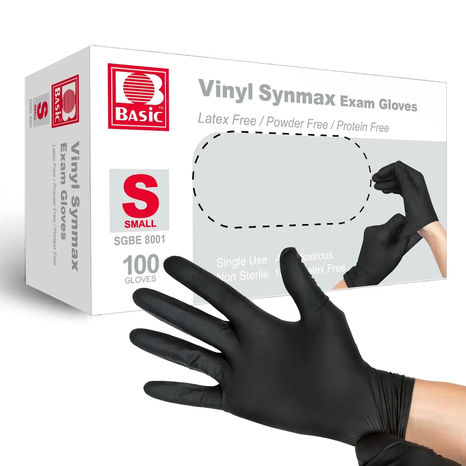 Vinyl Exam Gloves, 4 mil Safty Glove Latex-Free & Powder-Free, SGBE 8001 Synmax Disposable Medical Glove Small (Box of 100, Blac