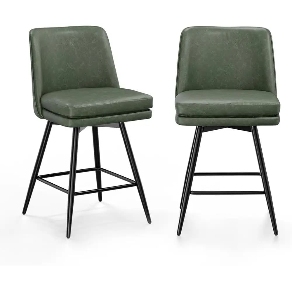 Set di 2 sgabelli da bar girevoli vintage in pelle PU verde, sedie alte da bancone con cuscino e gambe in metallo