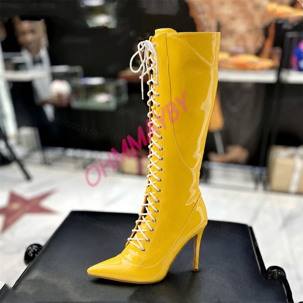 Women Pointed Toe Knee High Boots Thin Stiletto Heel Bright Yellow Patent Leather Front Lace up Side Zipper Tall Heeled Boots 46