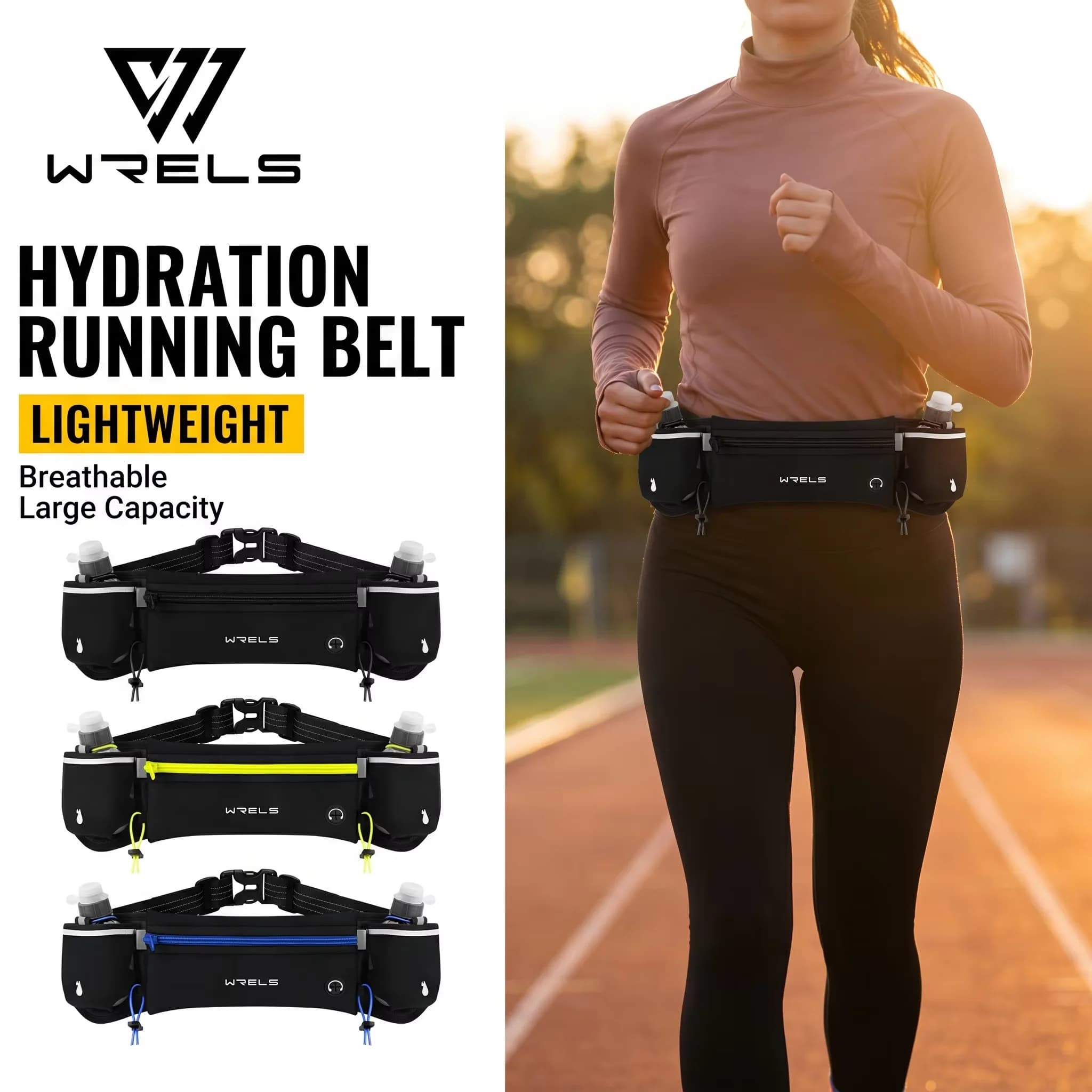 WRELS Hydration Running Belt Breathable Waist Pack Large Capacity Reflective Bottle Holder Bib Number Fanny Pack Marathon Belt