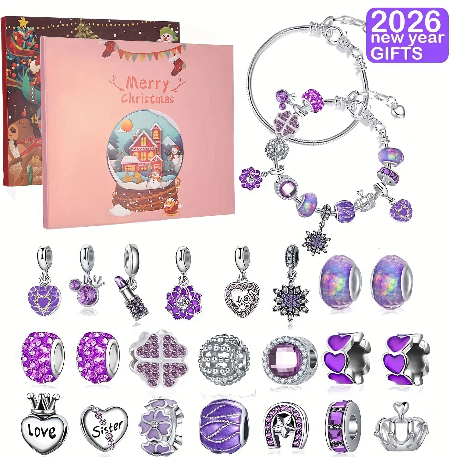 Perline viola natalizie Kit per la creazione di gioielli fai-da-te, cofanetto regalo natalizio con conto alla rovescia di 24 giorni, molto adatto per regali di Natale
