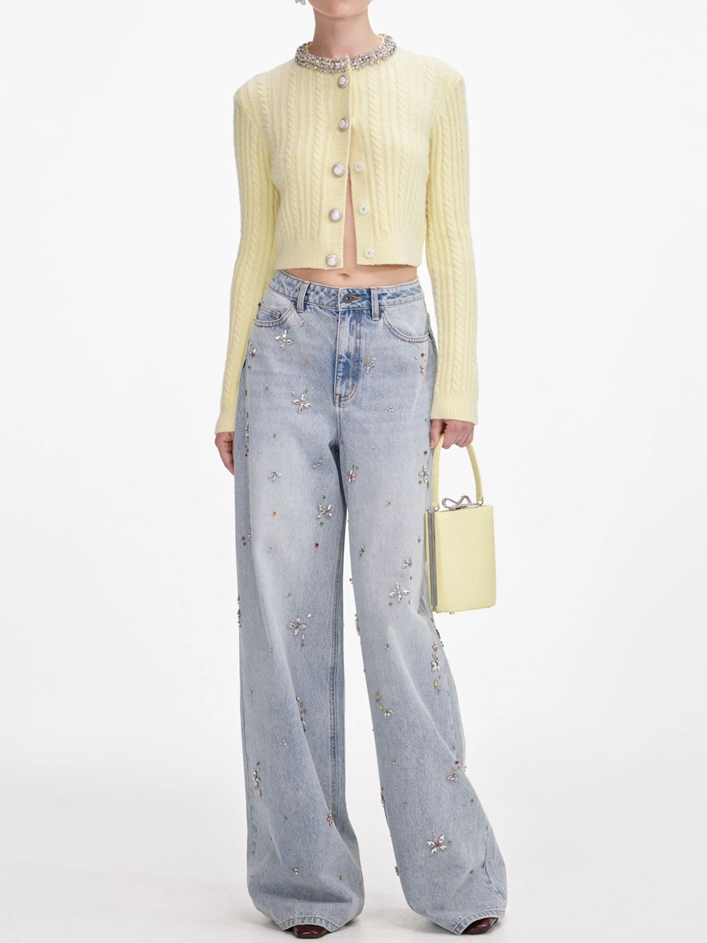 High Waist Wide Leg Denim Jeans Women's Premium Fashion Summer Heavy Drill Glitter Casual Style Casual Wear Resistant