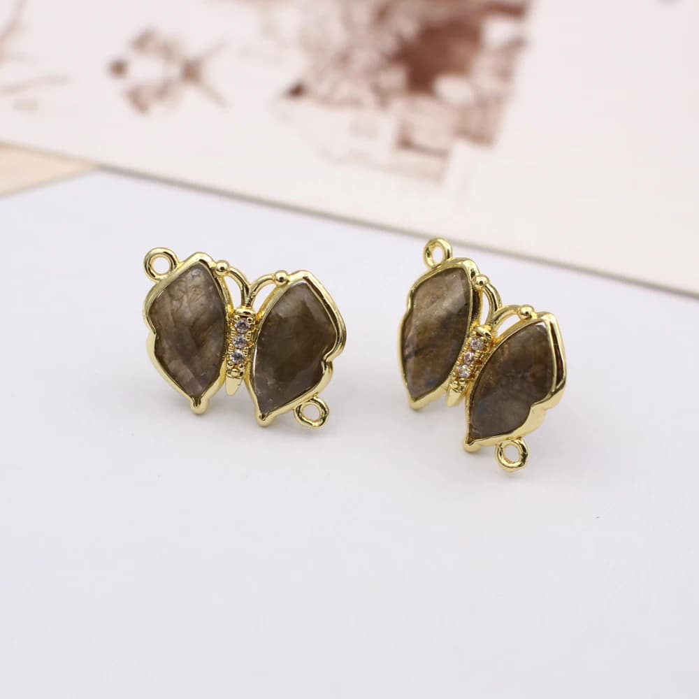 3 pairs of diy jewellery accessories, butterfly shaped earrings, natural quartz, amazonitis, lipradorite, stone, with ring connectors