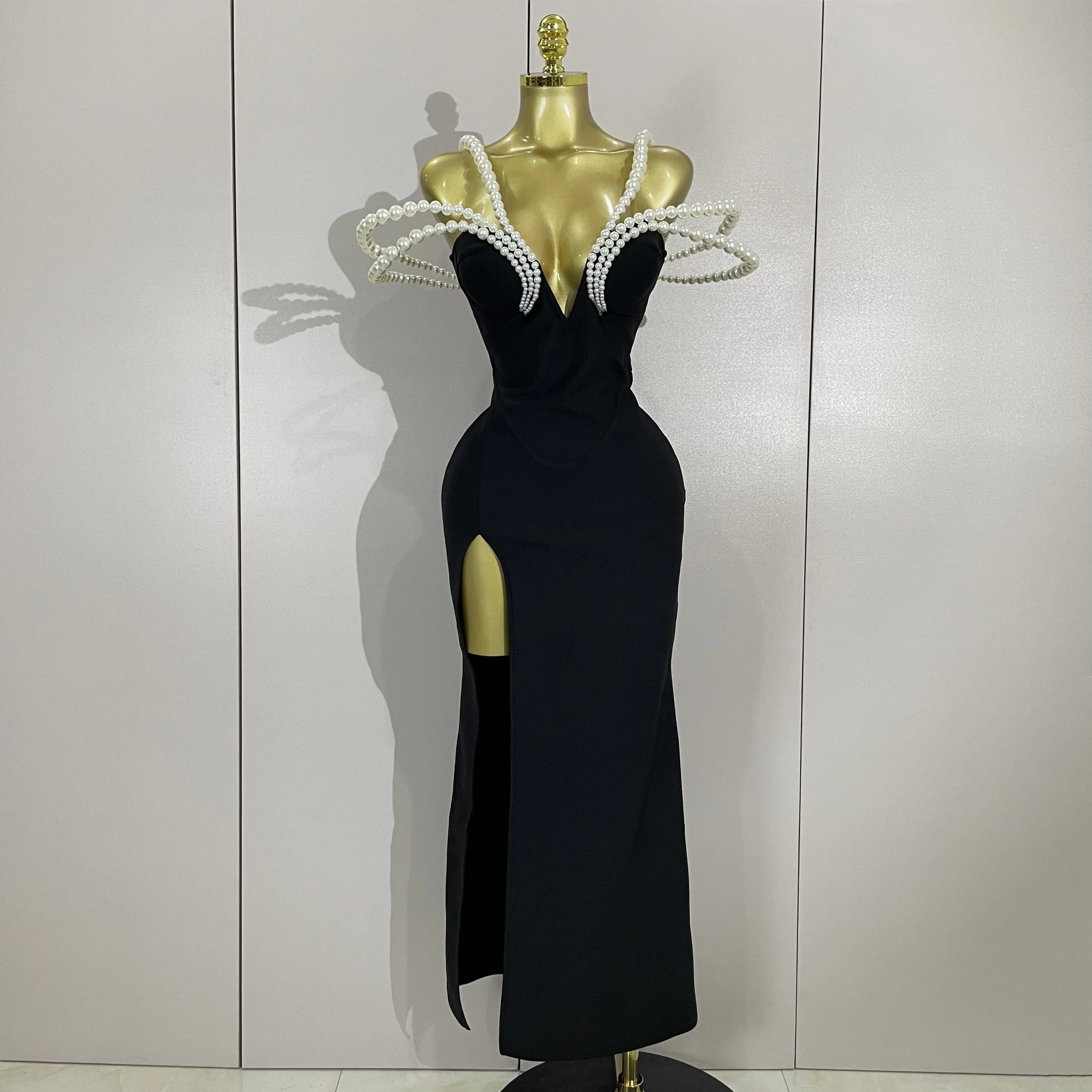 Designer di lusso Perle Scollo a V Maxi Fasciatura lunga Abito aderente Donna Celebrity Evening Party Abiti di compleanno Costumi di scena per cantanti