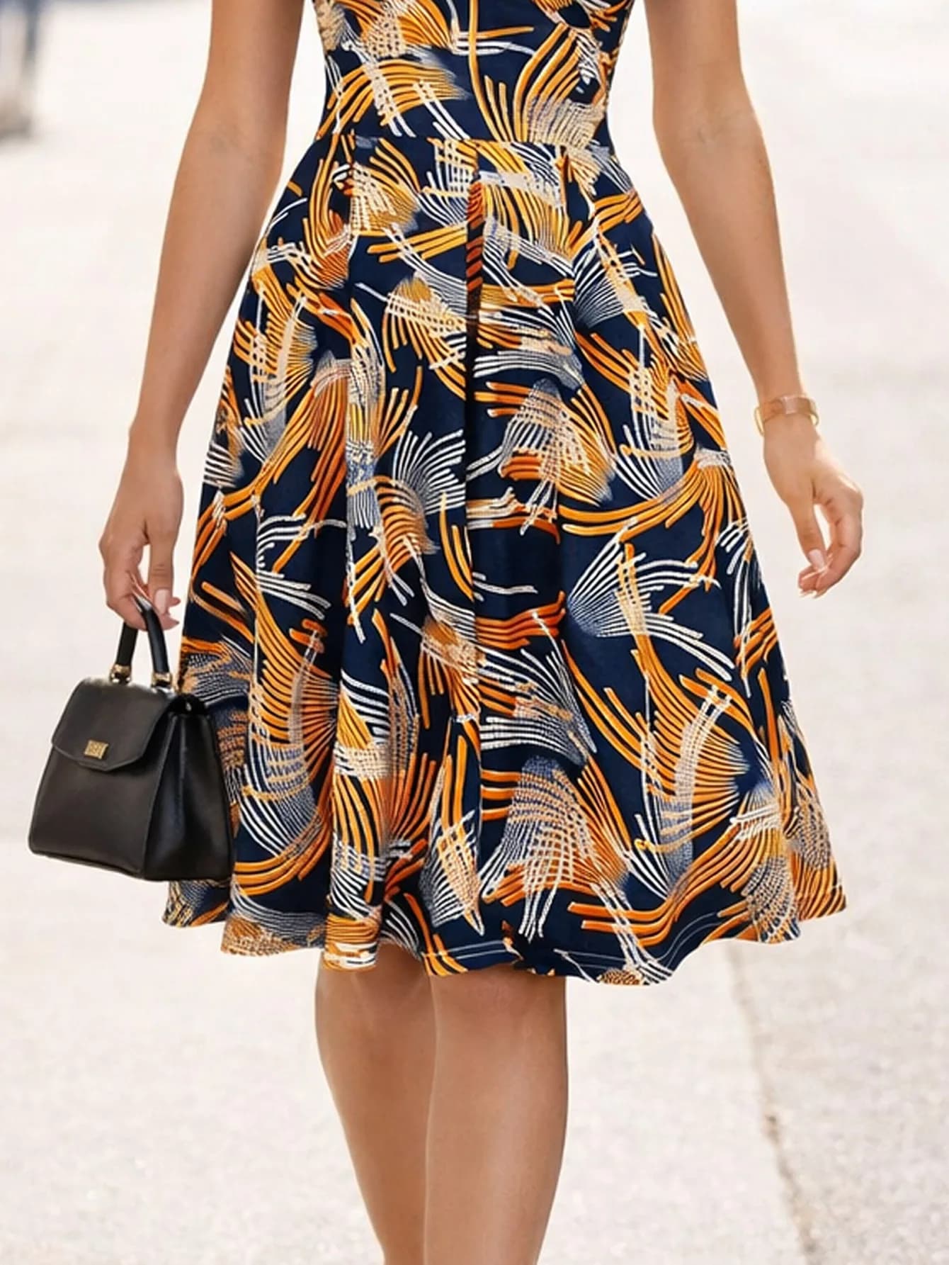 Gonna Elegante Estiva da Donna, Stile Casual da Lavoro, Lunghezza al Ginocchio, Stampa Astratta alla Moda, Gonna Svasata a Trapezio, Gonna Plissettata
