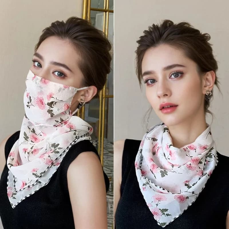 Elegant Breathable Mask and Scarf for Women's Colle with Floral Embroidery, Light Polyester Fiber, Solar Protection, Hand-only washable