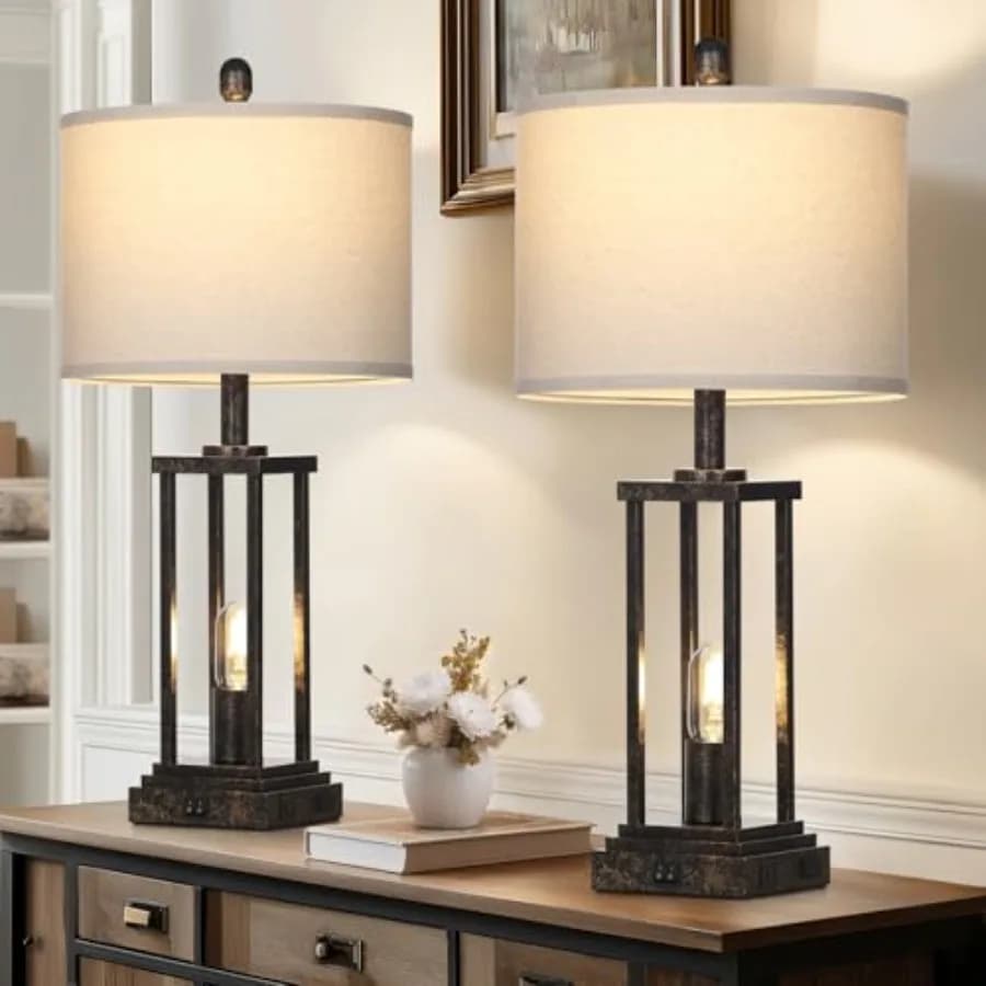 Lampade da tavolo rustiche da 27 pollici con luce notturna, lampada da comodino industriale per soggiorno, set di 2 lampade da comodino rustiche con
