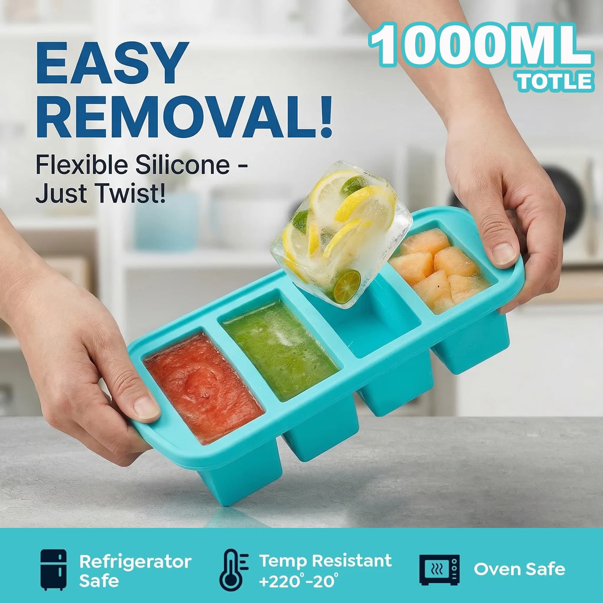 Vassoio in Silicone da 1000ML con Coperchio, Stampo per Cubetti di Zuppa, Contenitore Riutilizzabile per Conservazione Alimenti, per Salse e Brodi