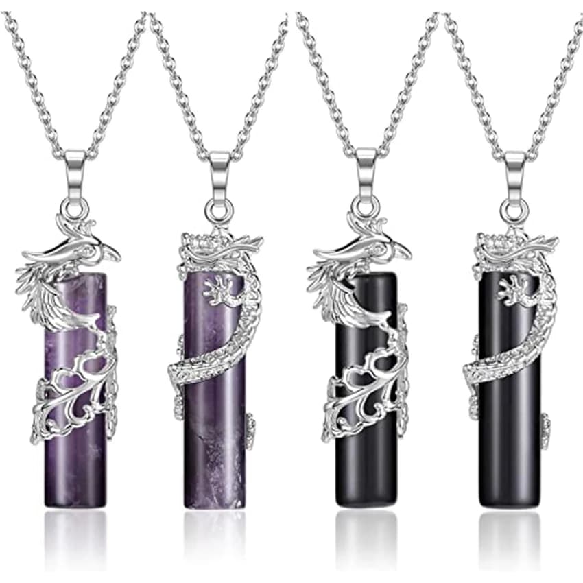 XSM 2pcs Dragon & Phoenix Crystal Necklaces for Couples Wrapped Cylinder Healing Natural Stone Reiki Yin Yang Jewelry