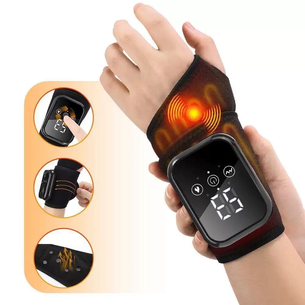 2000mAh Wireless Wrist Massager Heating Pad 3-Level Heat & Vibration LED Screen Hand Brace for Carpal Tunnel Pain Relief