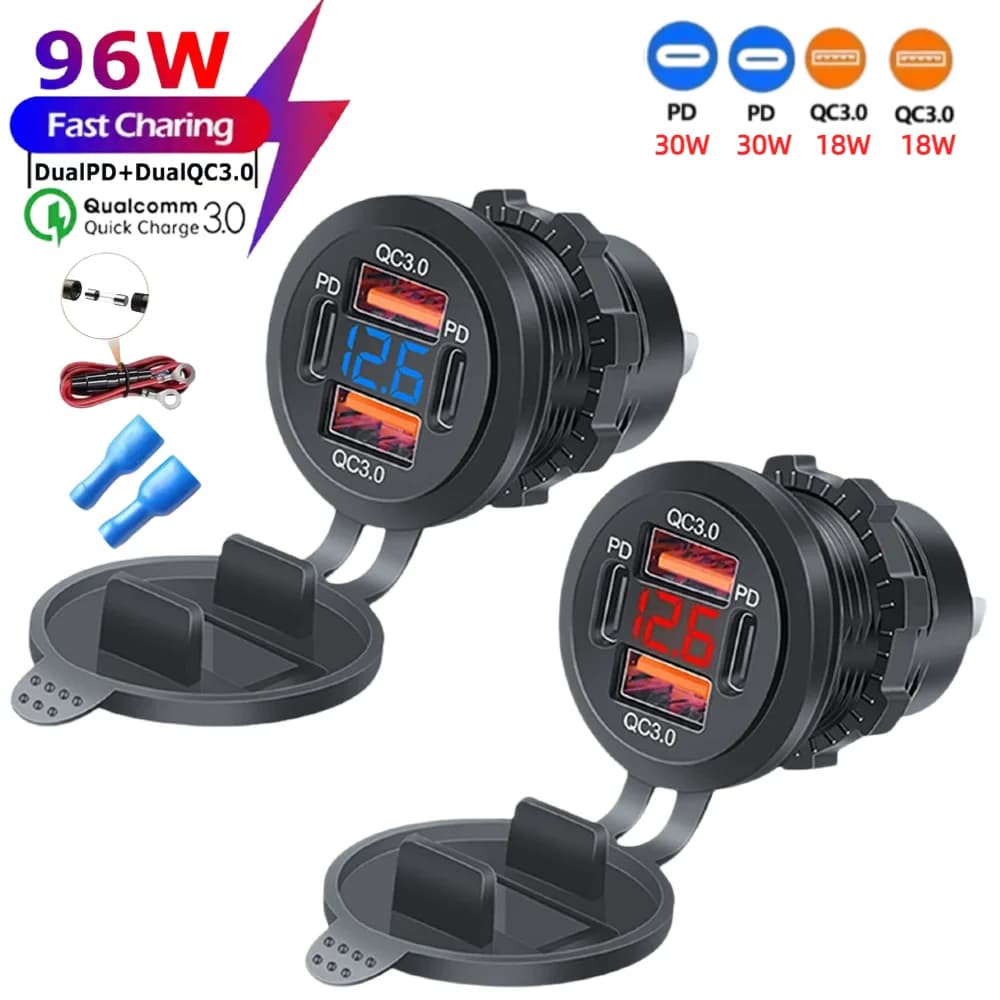 96W 4‑Ports Car Charger Socket Dual PD Dual QC3.0 Fast Charger with Voltmeter 12‑24V USB Power Outlet for Car Truck Boat Marine