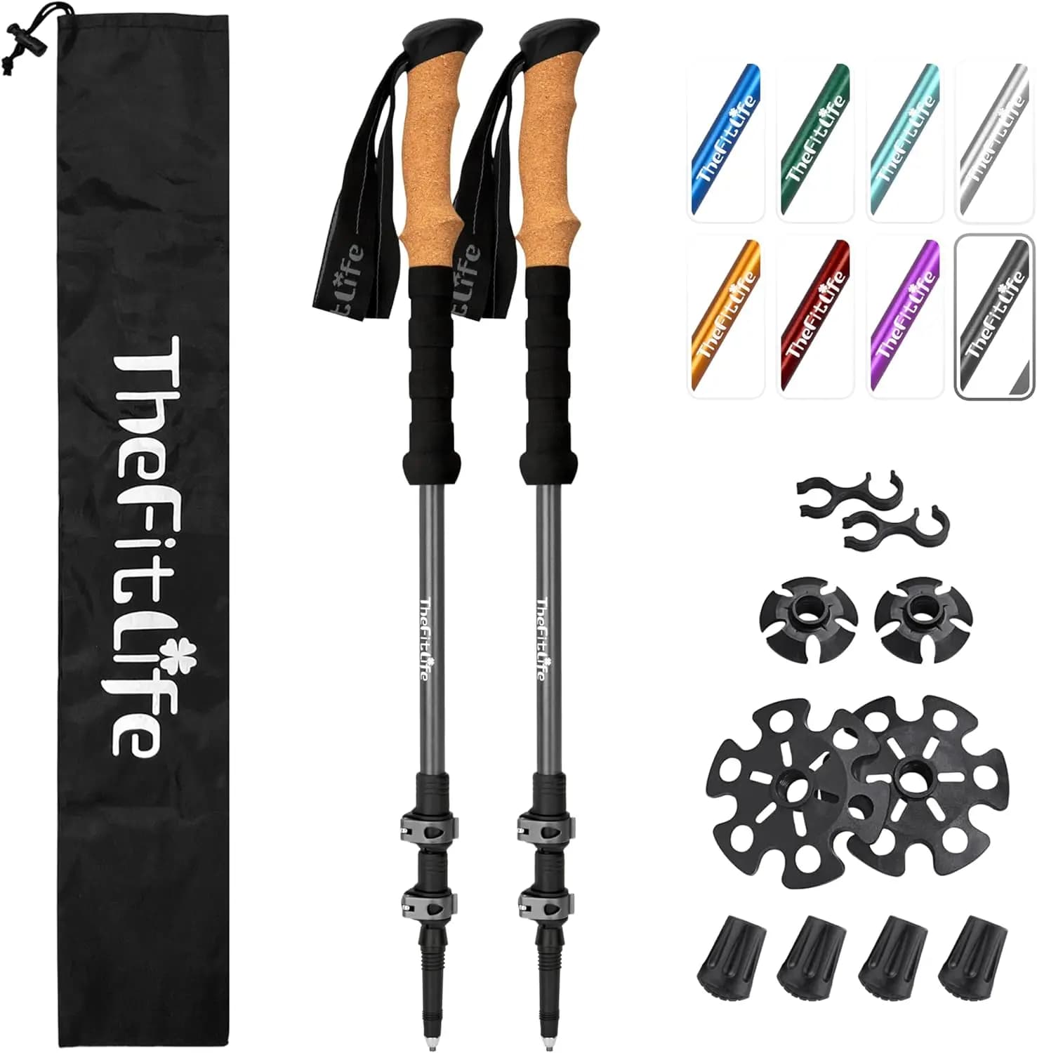 Aluminum lightweight trekking poles with cork grips, adjustable telescopic design for excursions and camping