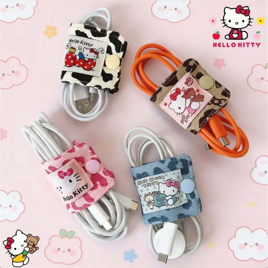 Organizer per cavi in denim con stampa leopardata Hello Kitty, custodia portatile per cavi di ricarica, borsa da viaggio per pennelli da trucco, per ragazze, adorabile
