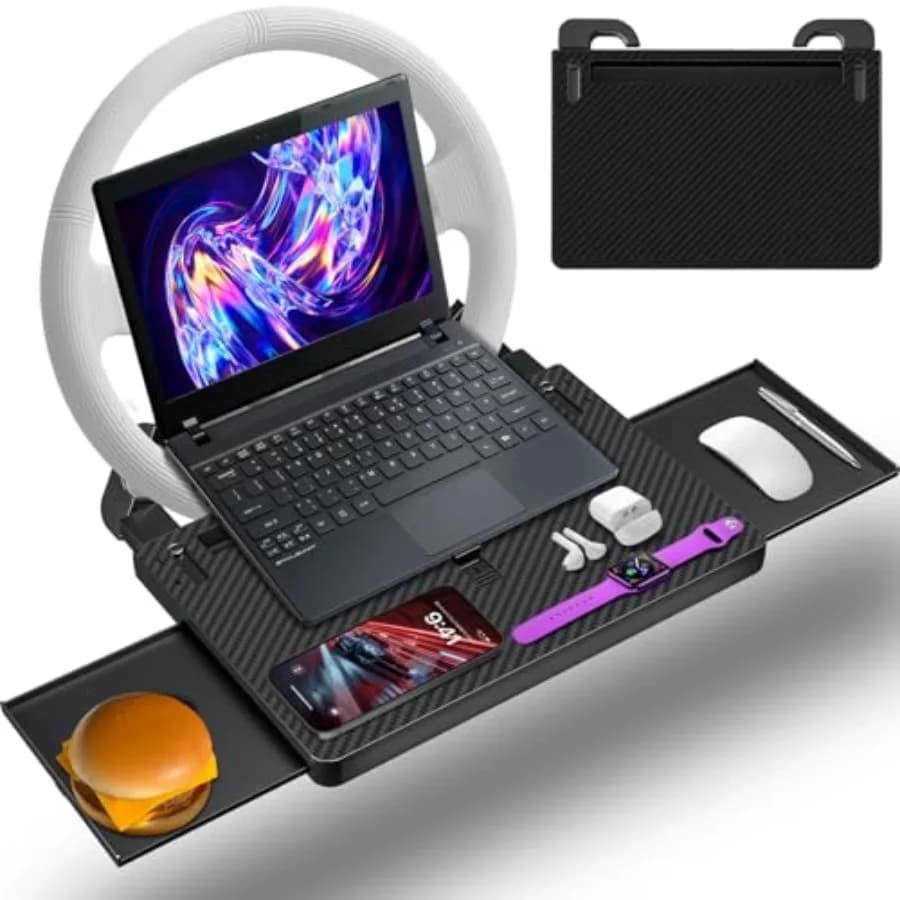 Vassoio per Volante Auto, Tavolino per Laptop con Aspetto in Fibra di Carbonio, Tavolo Multifunzione per Auto per Mangiare e Lavorare, Regolabile