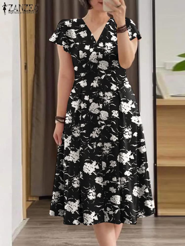 ZANZEA Estate Bohemain Vacanza Abiti Donna Abito stampato floreale Party Robe Femme Elegante scollo a V Manica corta Midi Vestito estivo