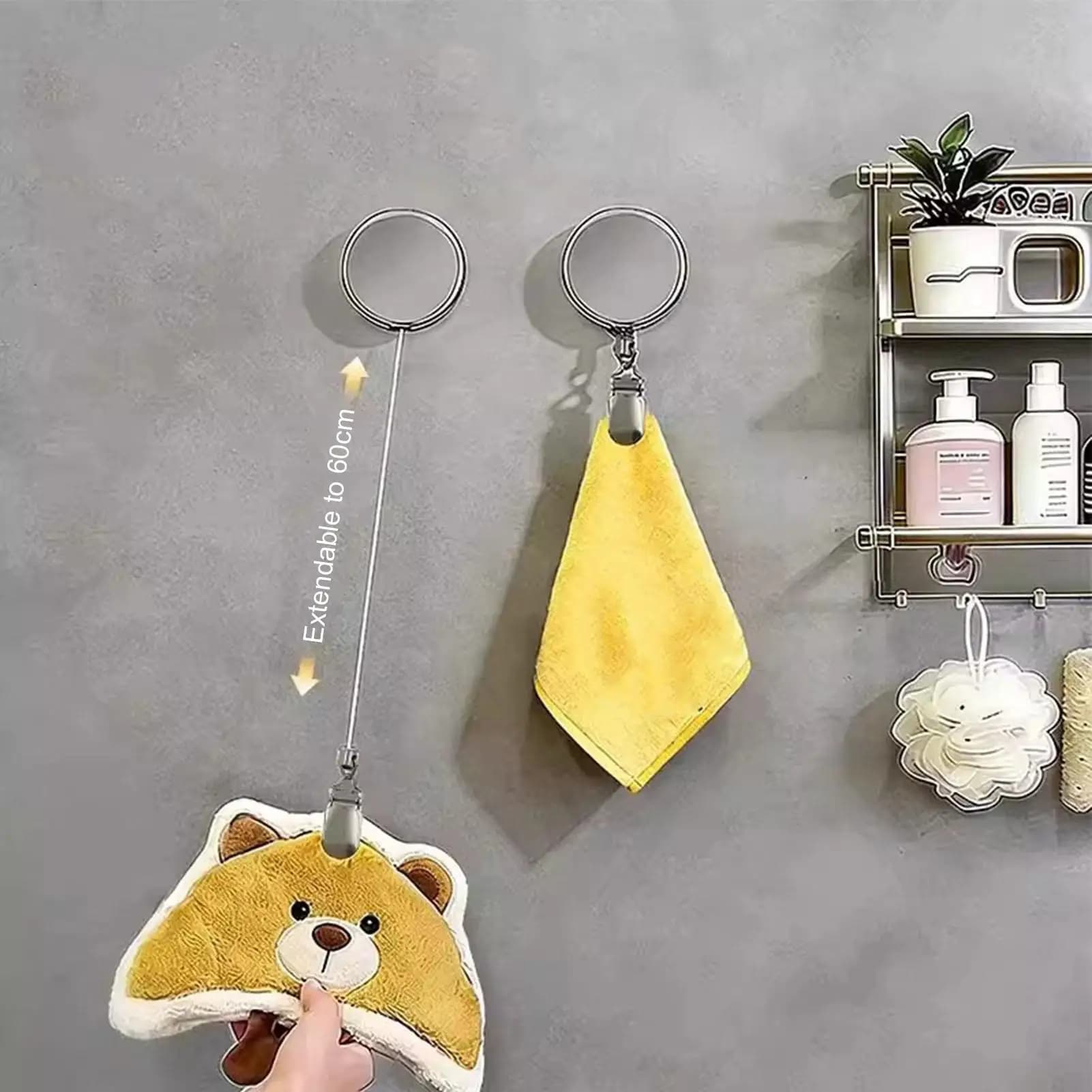 1Pcs No-Drill Self-Adhesive Automatic Retractable Towel Rack Wall Mounted Hand Towel Holder With Metal Cable Clamp