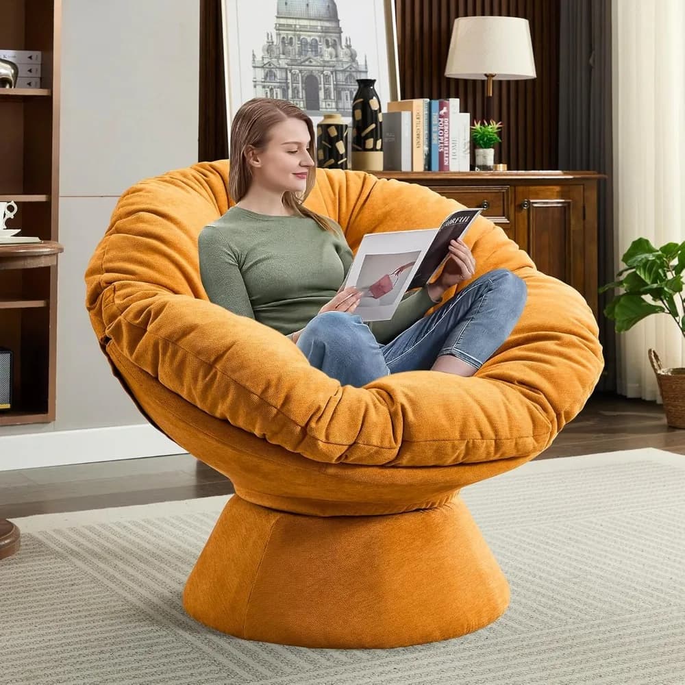 sedia papasan con cuscino e struttura, 360 ° sedia girevole con accento, comoda poltrona reclinabile da lettura rotonda oversize imbottita in ciniglia con