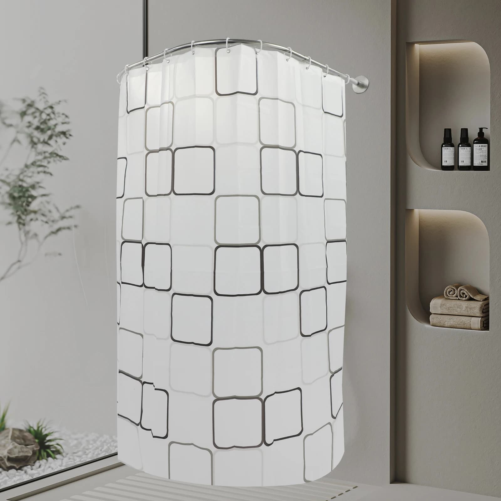 Tenda da doccia in poliestere a righe geometriche per bagno con ganci, sipario da bagno con tenda da doccia impermeabile a U per bagni