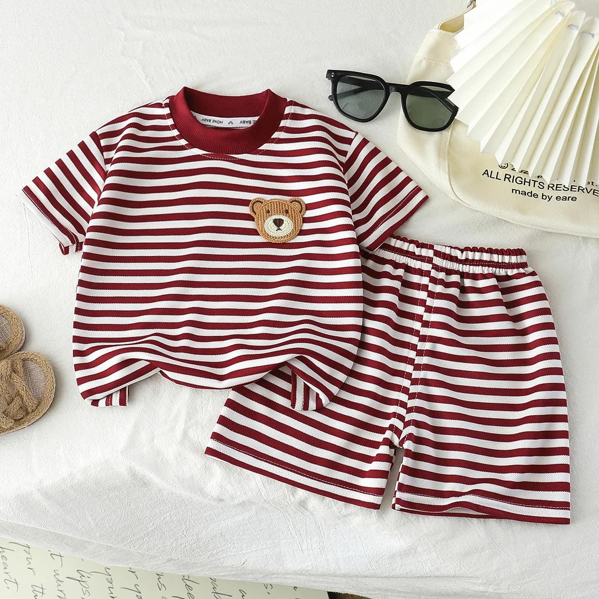 2PCS/Set Girls Clothes Set Summer Wine Red T-shirt+Short Pants Cute Bear Striped Boys Clothing Suit