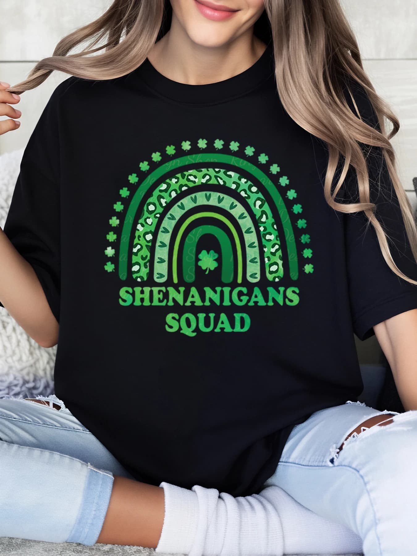 Rainbow Shamrock Shenanigans Squad T-shirt da donna per il giorno di San Patrizio Abbigliamento casual da festa Nero Taglie forti