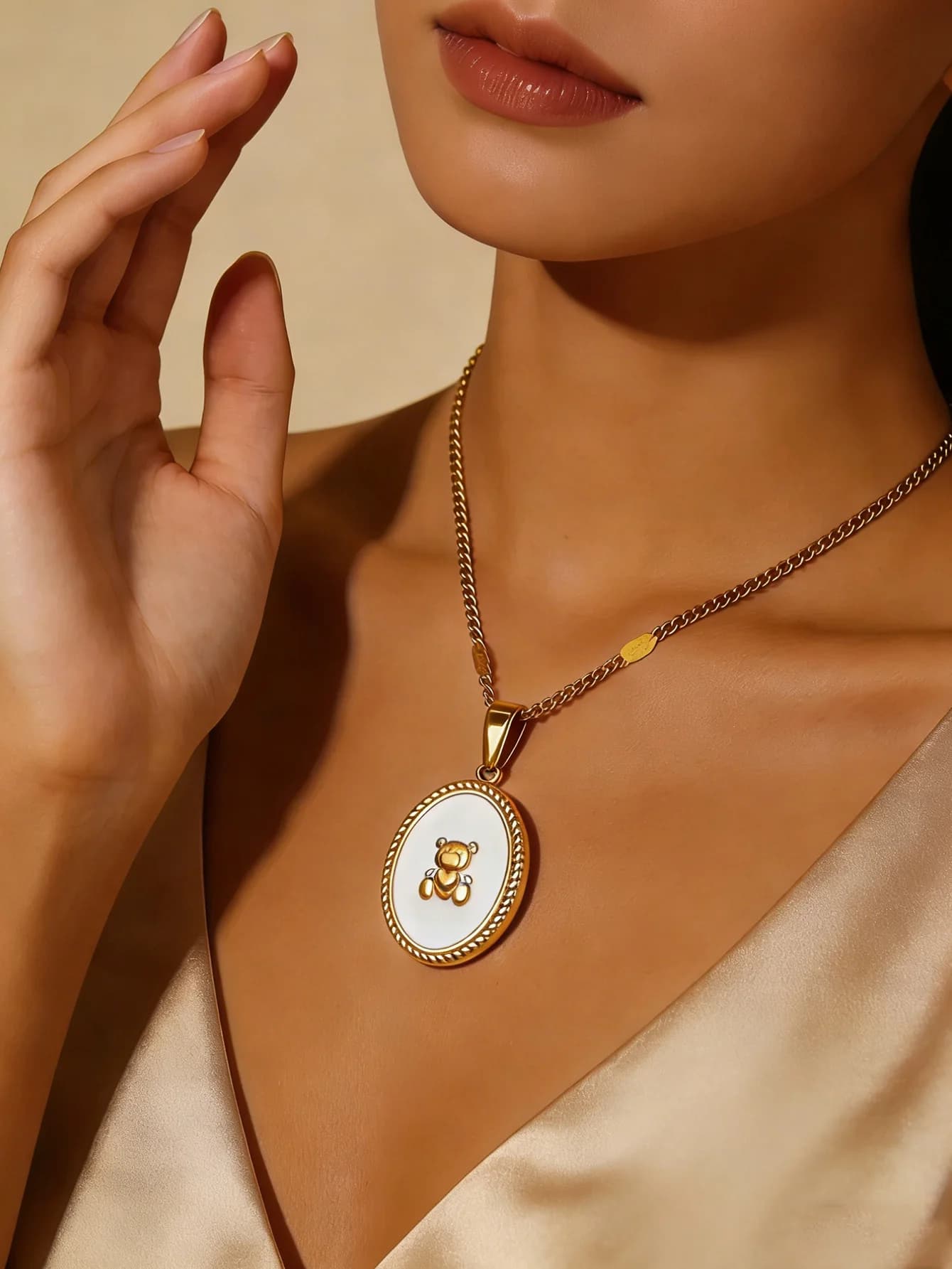 Cute Little Bear White Oval Pendant Necklaces Stainless Steel Necklace for Women Aesthetic Waterproof Jewelry Accessories Gift