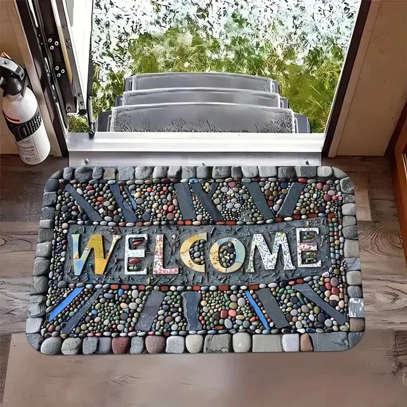 VIKAMA Tappetino Happy Camper, Tappeto di benvenuto a tema outdoor per roulotte, veranda e ingresso, tappetino decorativo stampato per il campeggio