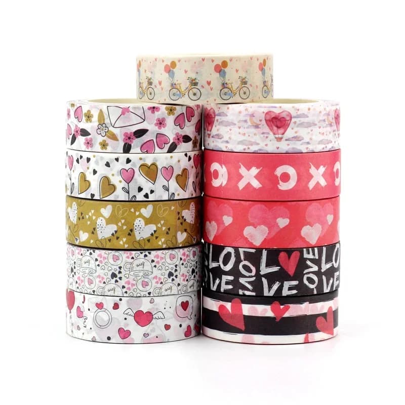 NEW 10M Decorative Hearts and Flowers Leaves Washi Tape Set for Scrapbooking Planner Adhesive Masking Tape Cute Stationery