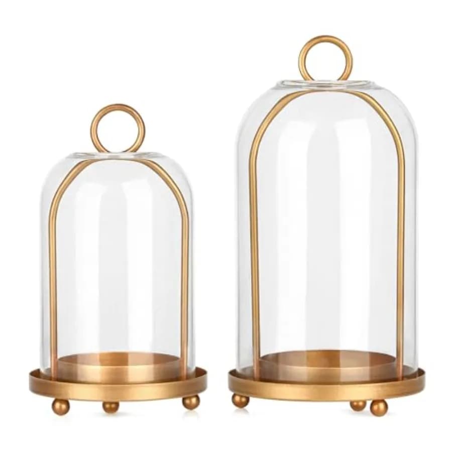 Set di 2 Lanterne Portacandele Vintage in Ottone con Cupola in Vetro Spesso, Stile Shabby Chic, 5.25"x10" e 4.5"x7.87"