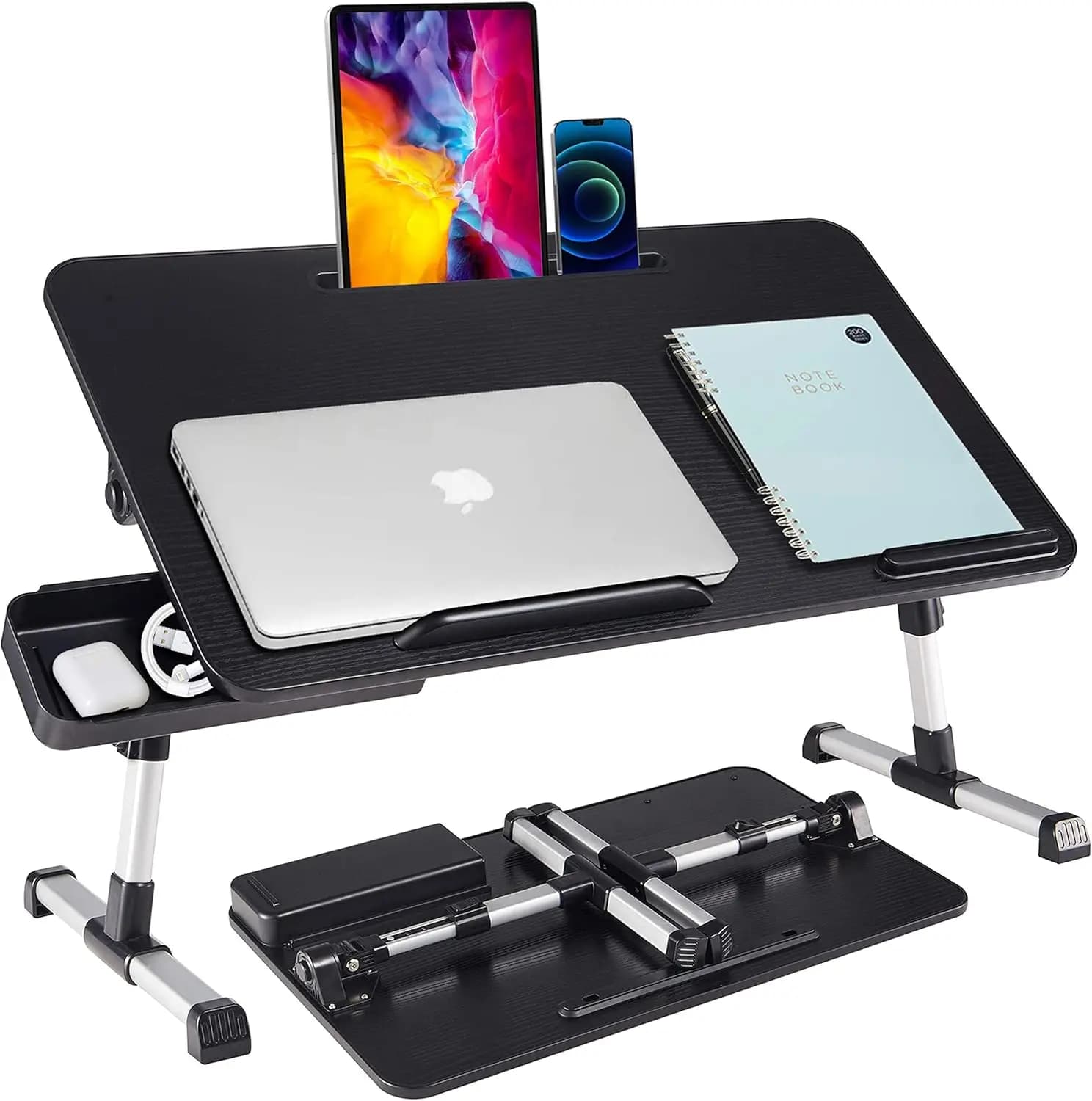 Supporto per Laptop Regolabile con Cassetto Portaoggetti, Gambe Pieghevoli per Uso su Letto, Divano e Pavimento, Postazione di Lavoro Multifunzionale