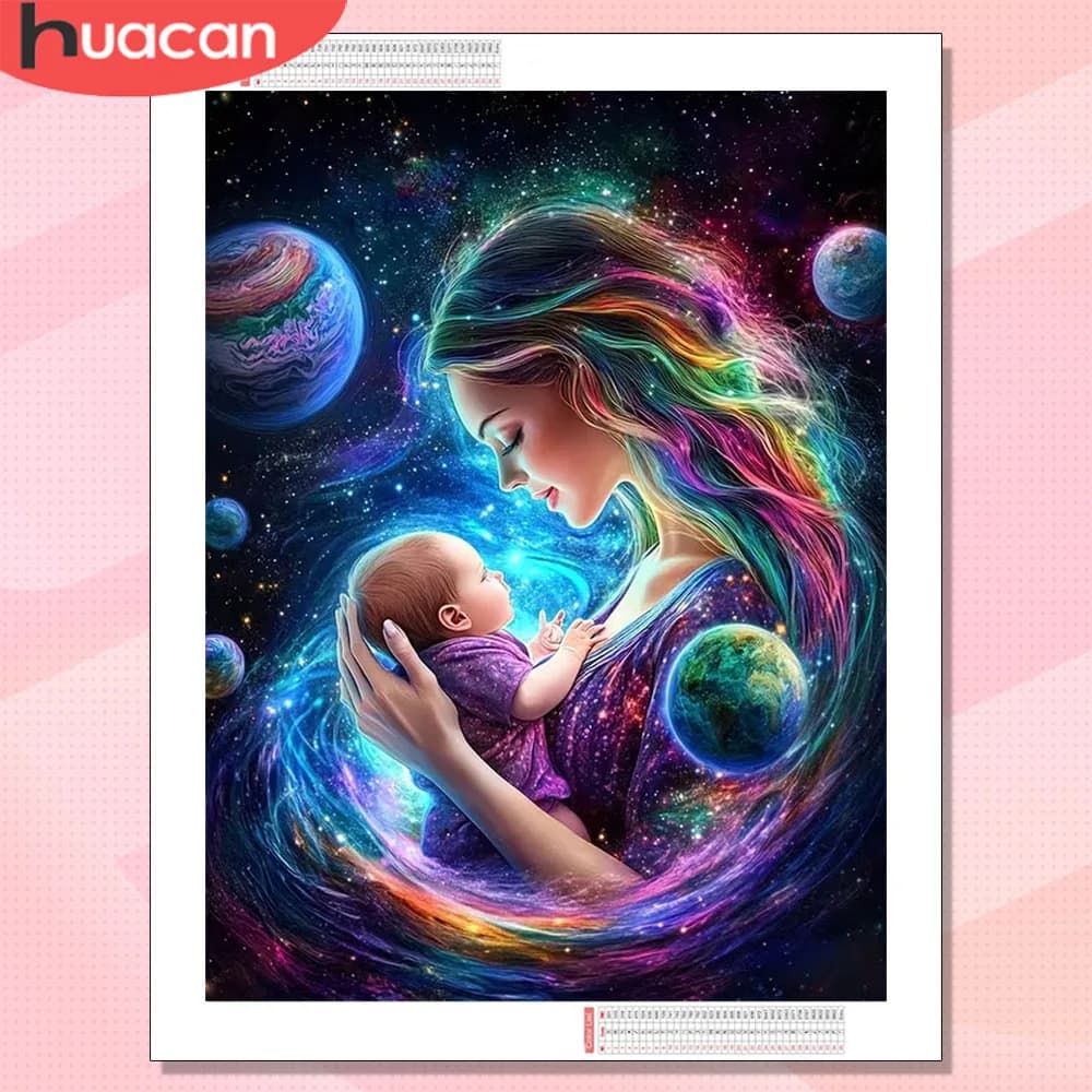 HUACAN Diamond Painting Donna Mamma Bambino Mosaico 5D Cielo Stellato e Universo Decorazione Murale per la Casa Festa della Mamma Foratura Quadrata Rotonda
