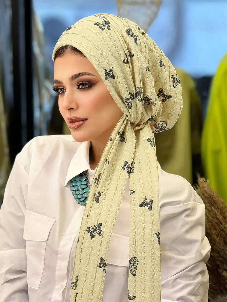 Elegante sciarpa lunga plissettata con stampa a farfalla per donna, foulard musulmano traspirante per uso quotidiano