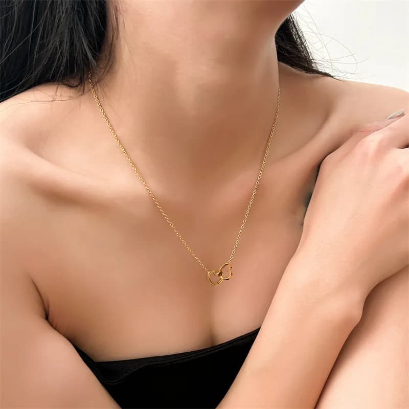 Women's Double Heart Interlocking Pendant Necklace Cubic Zirconia Dainty Clavicle Chain Elegant Gold Silver Tone Love Necklace For Daily Wear Valentine's Day Gift
