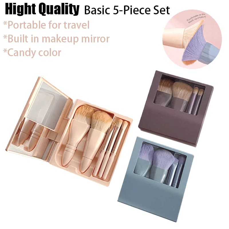 Set of 5 mini travel makeup brushes with mirror, portable case for liquid foundation, umbrella, powder, blush and eyebrows.