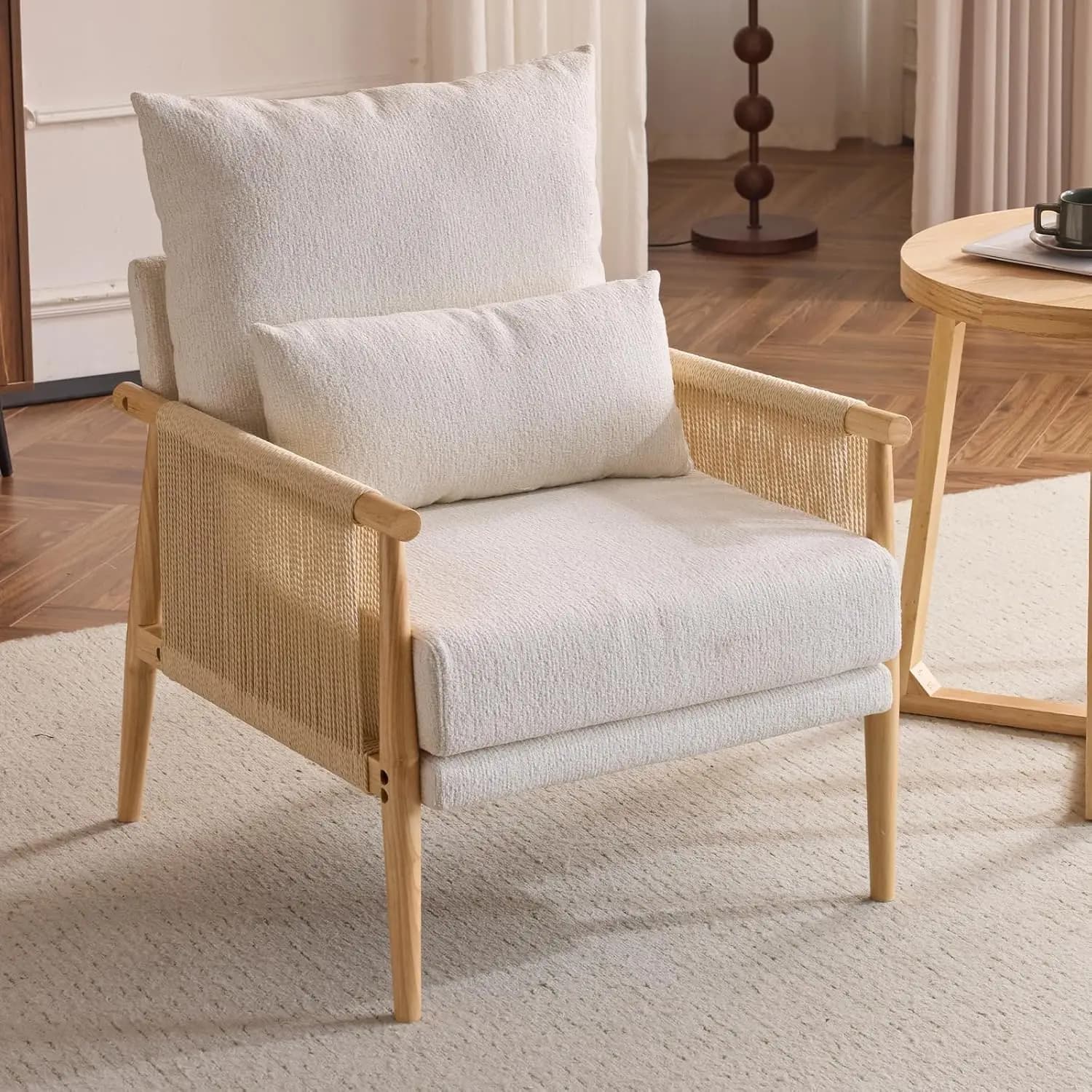 Poltrona Accogliente in Ciniglia con Cuscino Lombare e Braccioli in Rattan per Soggiorno e Camera da Letto, Beige, Personalizzabile