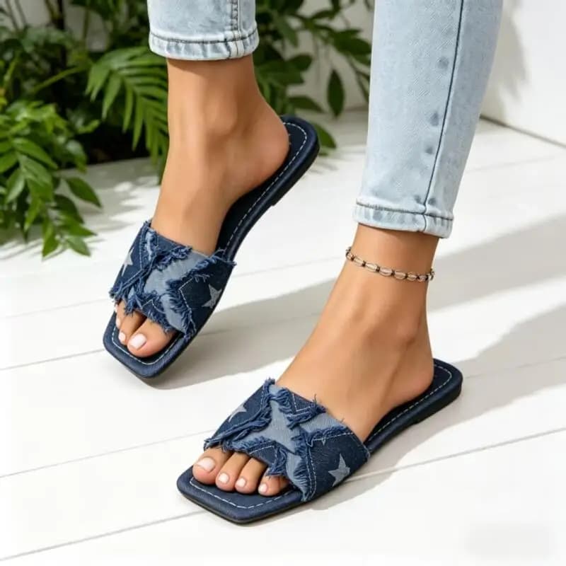 Y2K Denim Strap Flat Heel Sandals Women Summer 2026 Fashion Patchwork Star Pattern Square Toe Beach Slippers Lightweight Sandals