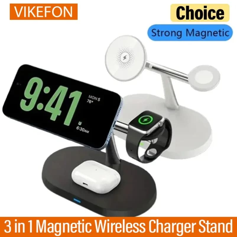 Caricatore Wireless Magnetico 3-in-1 da 15W, Supporto di Ricarica Rapida per Smartphone, Smartwatch e Auricolari Wireless, Portatile da Scrivania