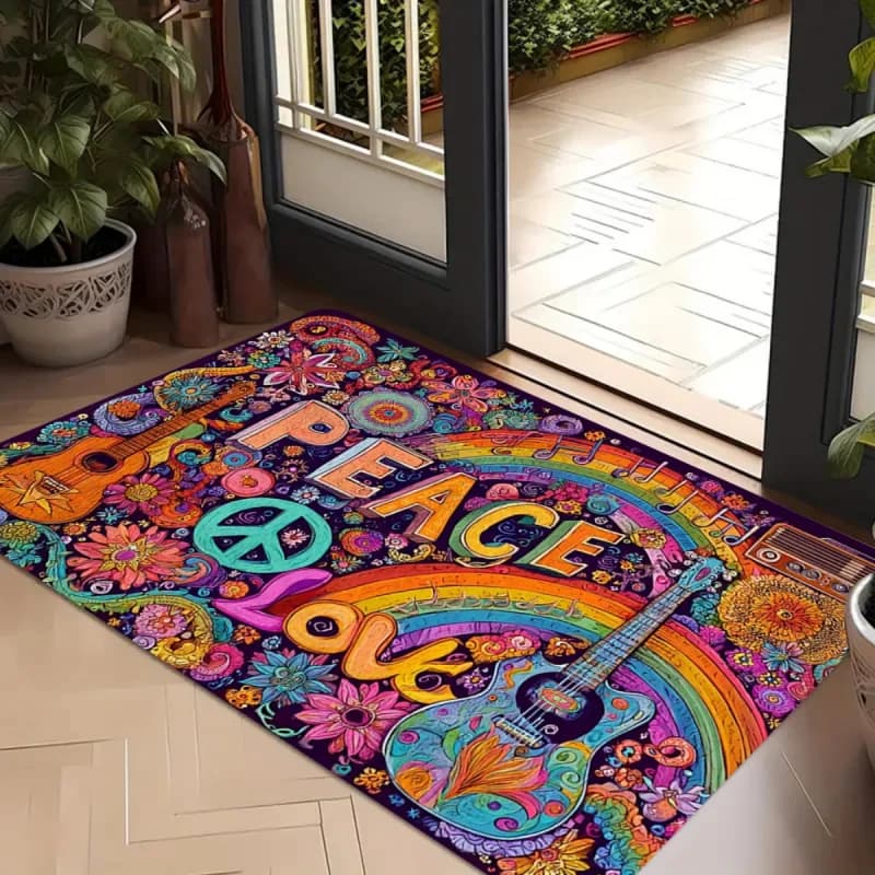 VIKAMA Retro Hippie Peace Love Doormat Washable Anti Slip Floor Rug For Kitchen Bathroom Living Room Boho Indoor Home Decor