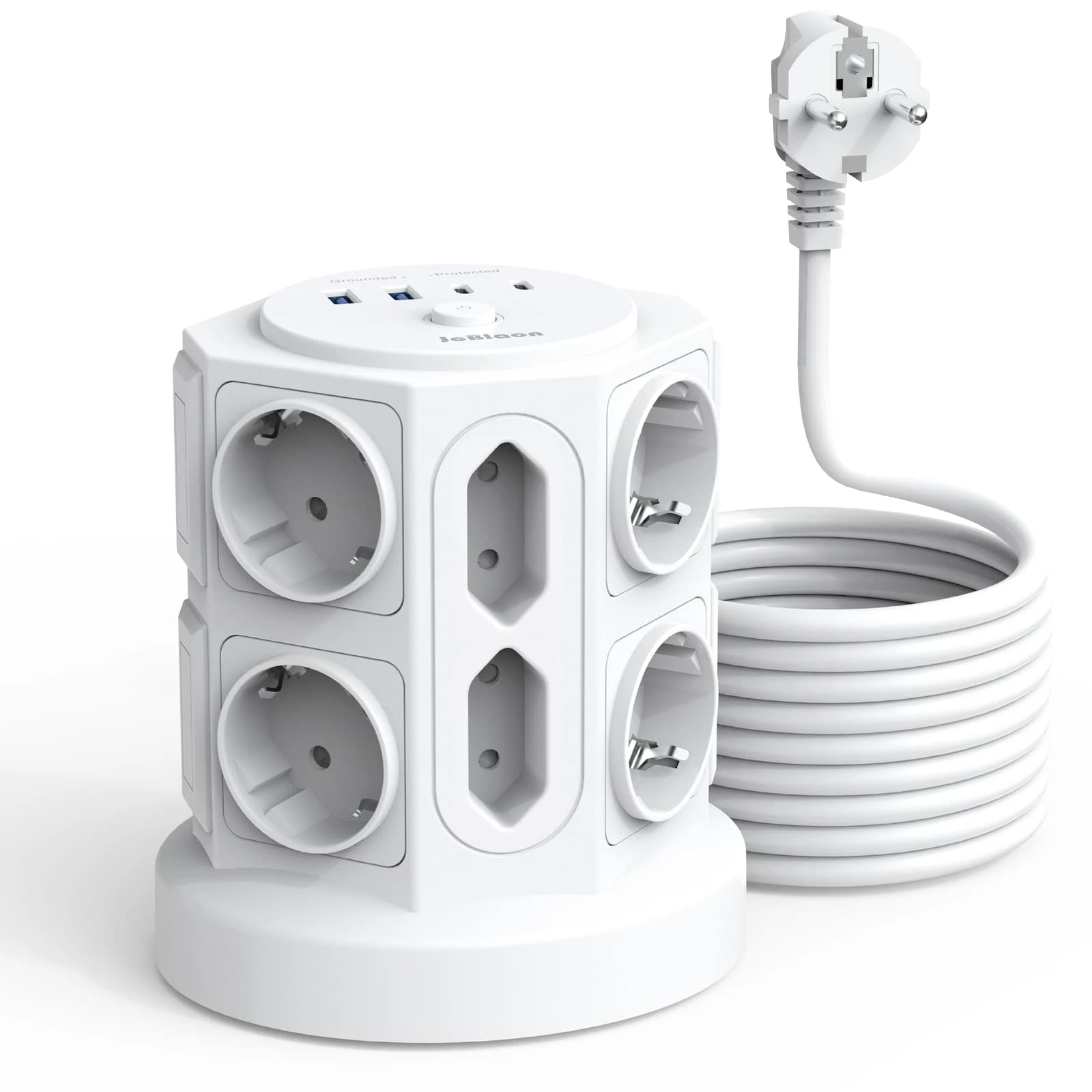 Multipresa 16-IN-1 (3680 W/16 A) con cavo di prolunga da 2 m-4 porte USB (2 USB-C) e 12 prese, spina multipla torre per la casa