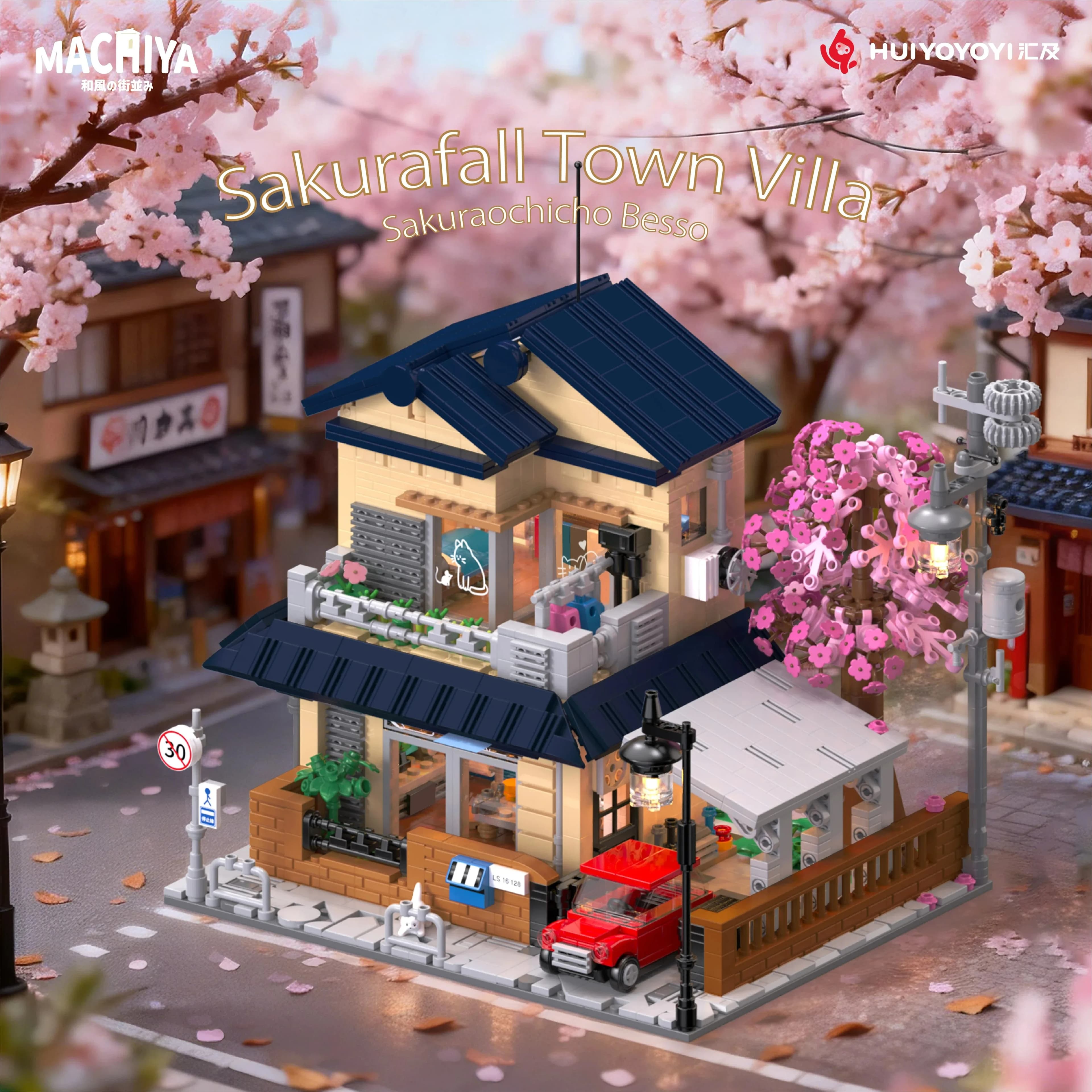 Vista di strada giapponese - Set di costruzioni Sakura Machi Villa, 1935 pezzi con illuminazione, altamente dettagliato, facile da montare, compatibile MOC/DIY