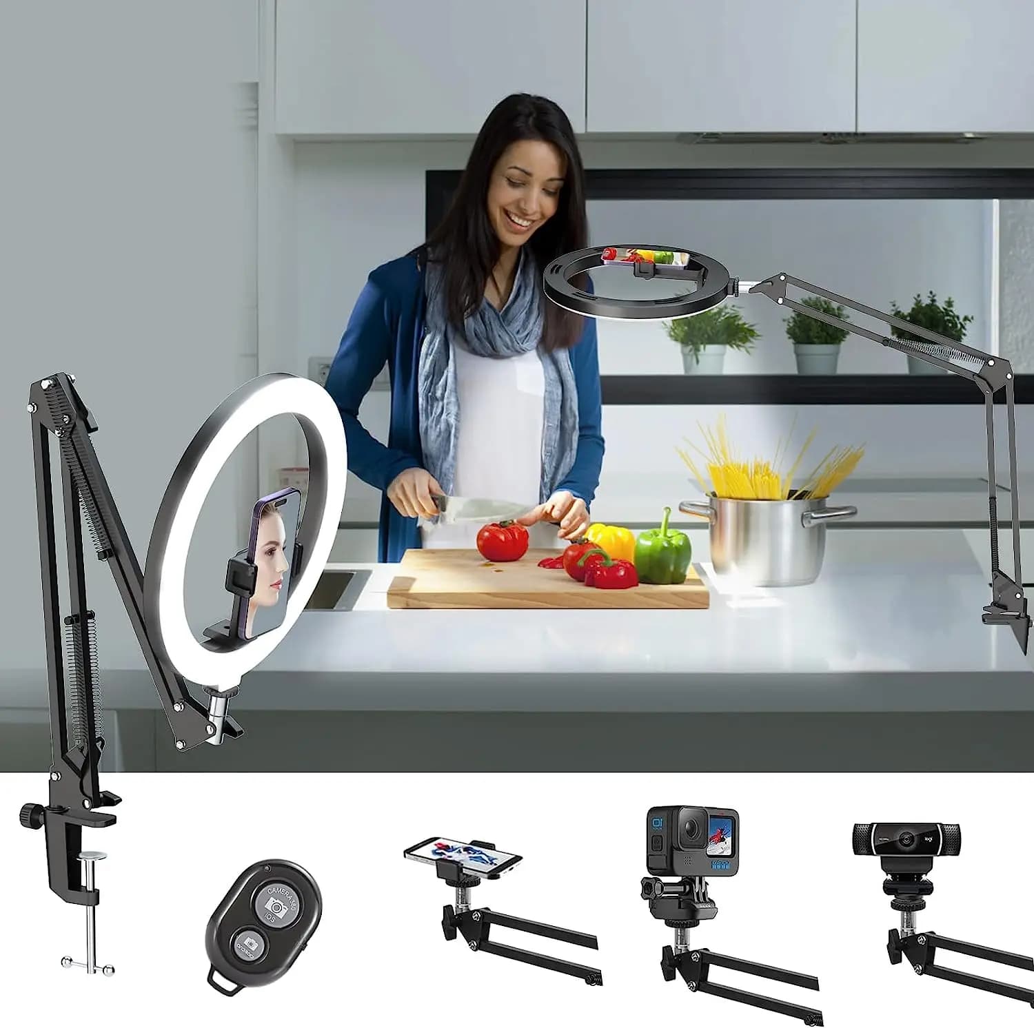 Camera support 30 cm bright ring and desk phone support, phone support with remote control for iPhone and webcam, tripod over head