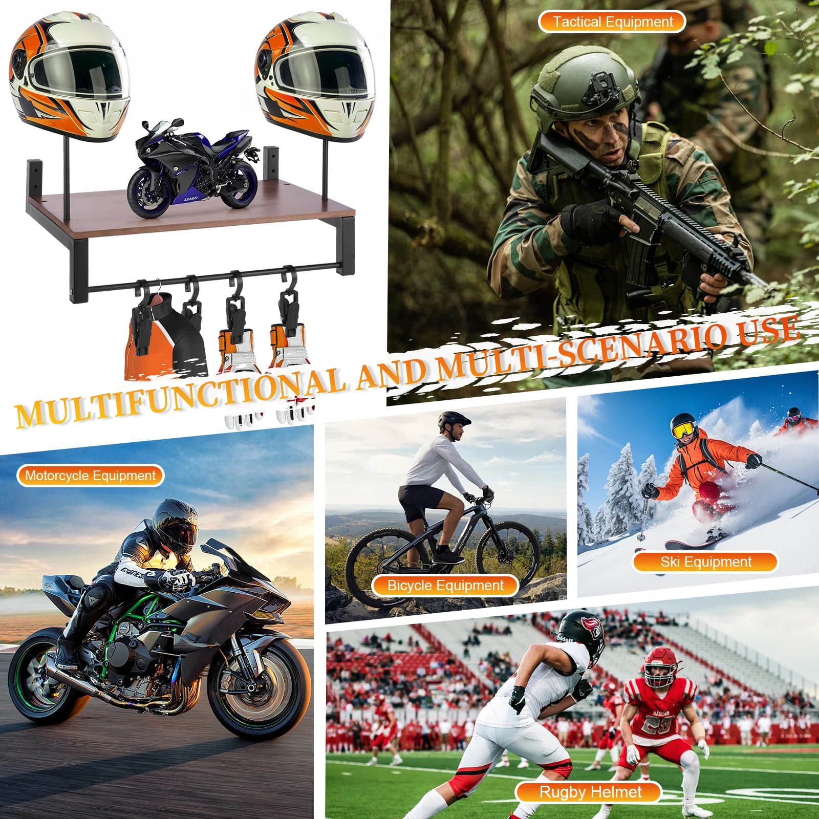 Supporto da parete in legno per casco da moto, organizer resistente all'usura per accessori moto