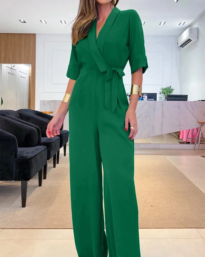Tute con scollo a V e mezza manica, vita legata, gamba larga, eleganti indumenti da lavoro da donna