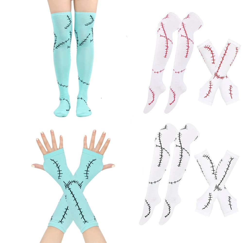 Halloween Gloves Stockings Cosplay Christmas Sally Costumes Props Party Zombie Bride Set 3 Colors Scar gloves Knee High Socks
